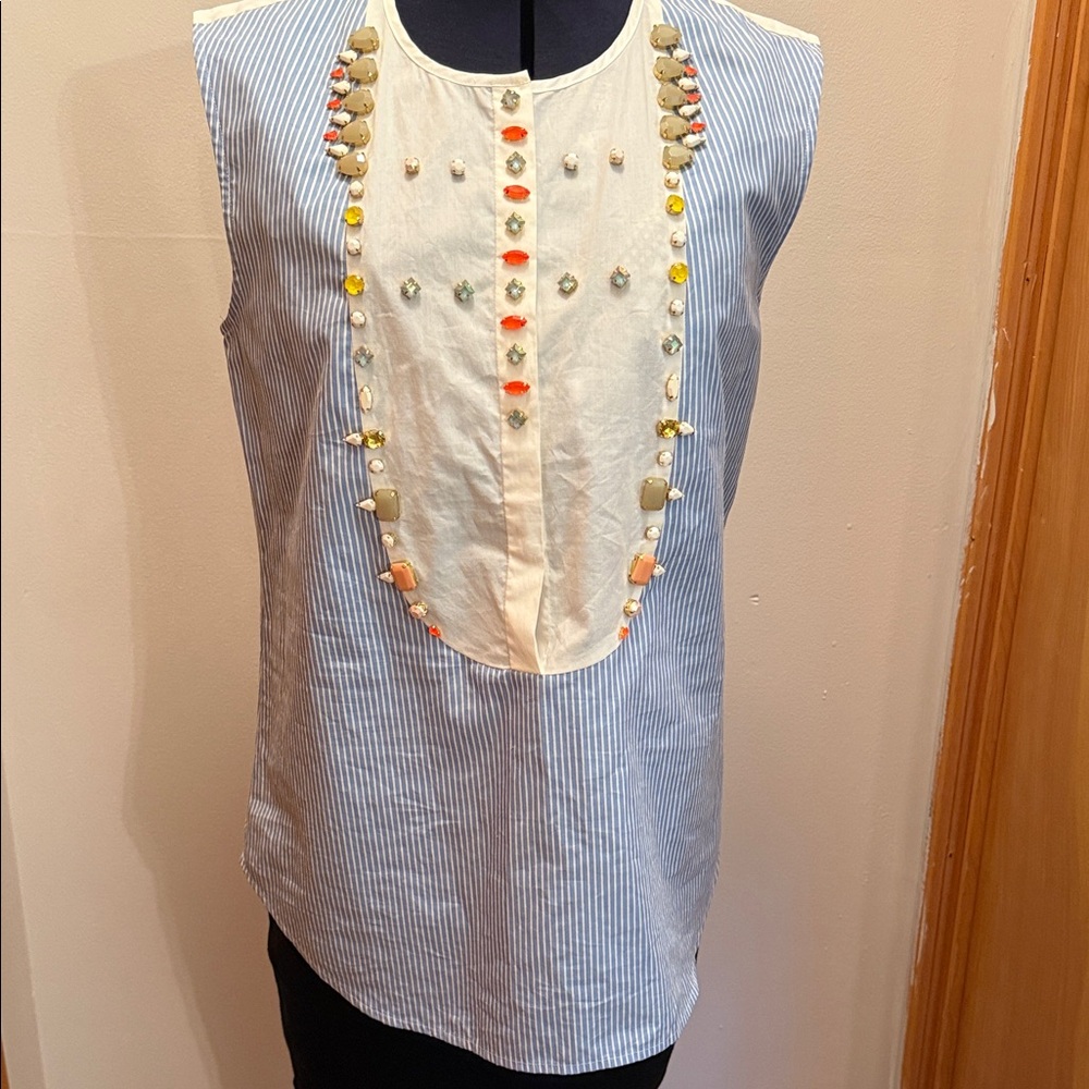 J. Crew Blue and Cream Embellished Tank Top